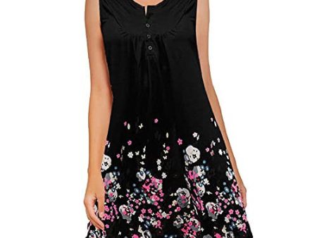 Umipubo Vestido casual para mujer con estampado floral, elegante, sin mangas, falda larga para playa, vacaciones B-Negro L For Discount