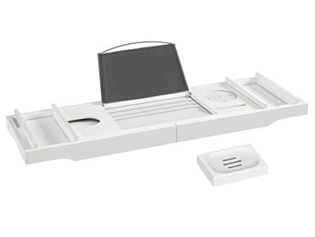 Songmics Bandeja para Bañera de Bambú, Puente de Bañera Extensible con Ranura para Tazas, Tableta, Teléfono y Jabón, (75-109) x 23 x 4,5 cm, Blanco BCB088W01 Reacondicionado on Sale